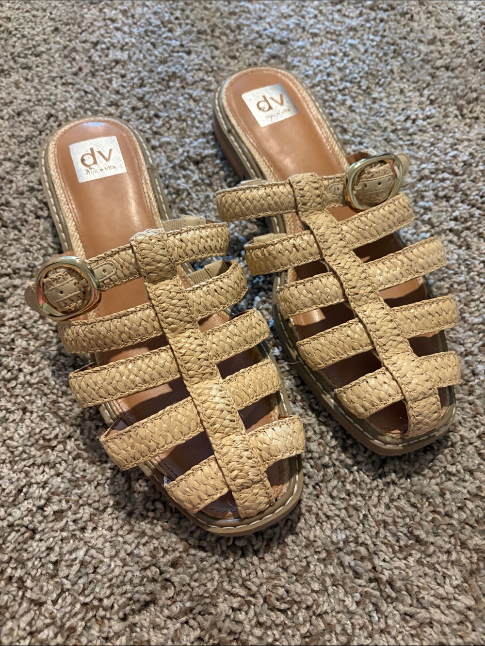 DV by Dolce Vita Braided Tan Slide Sandals with Gold Buckle, Size 10